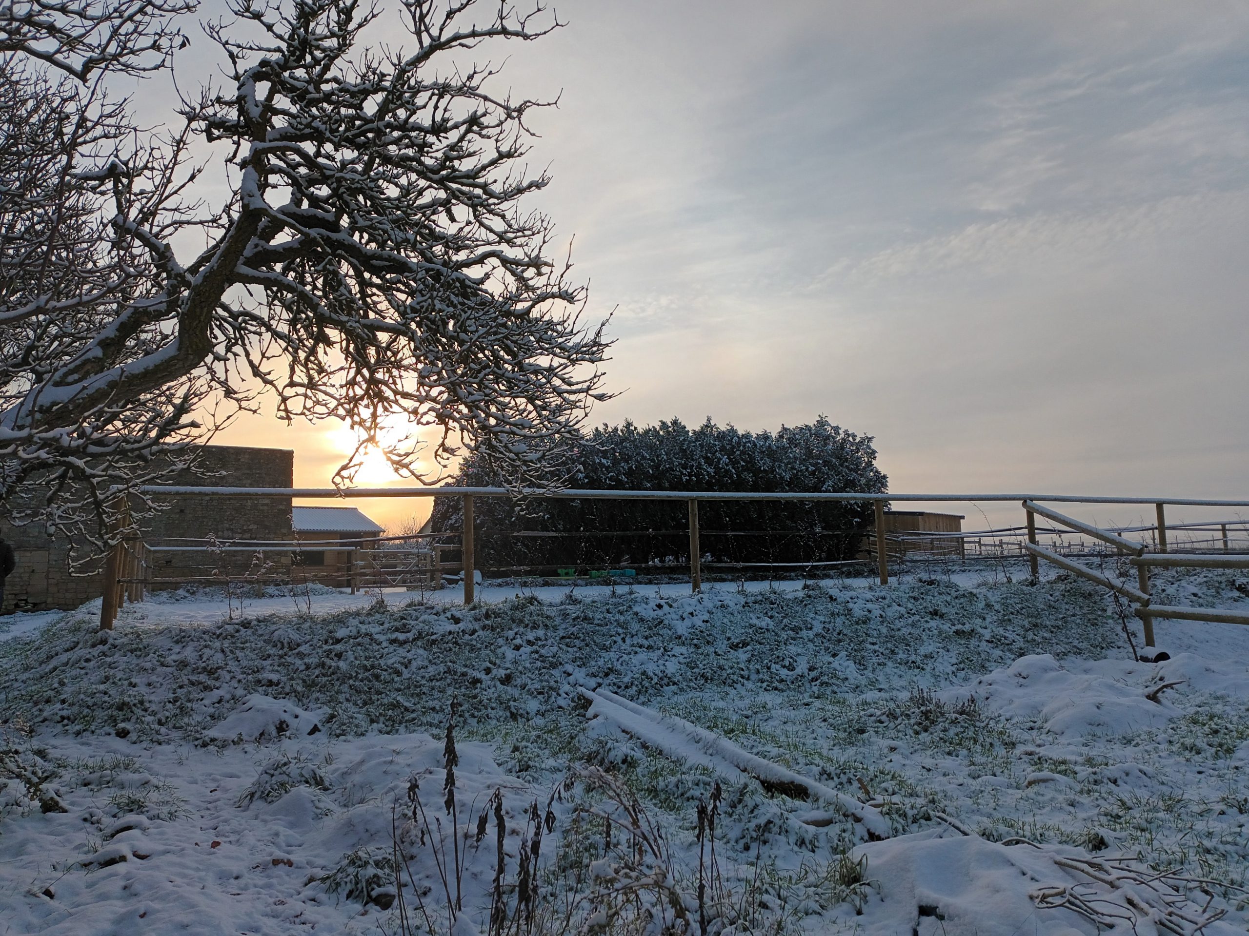 Le manège du Clos du Marronnier sous la neige en Normandie